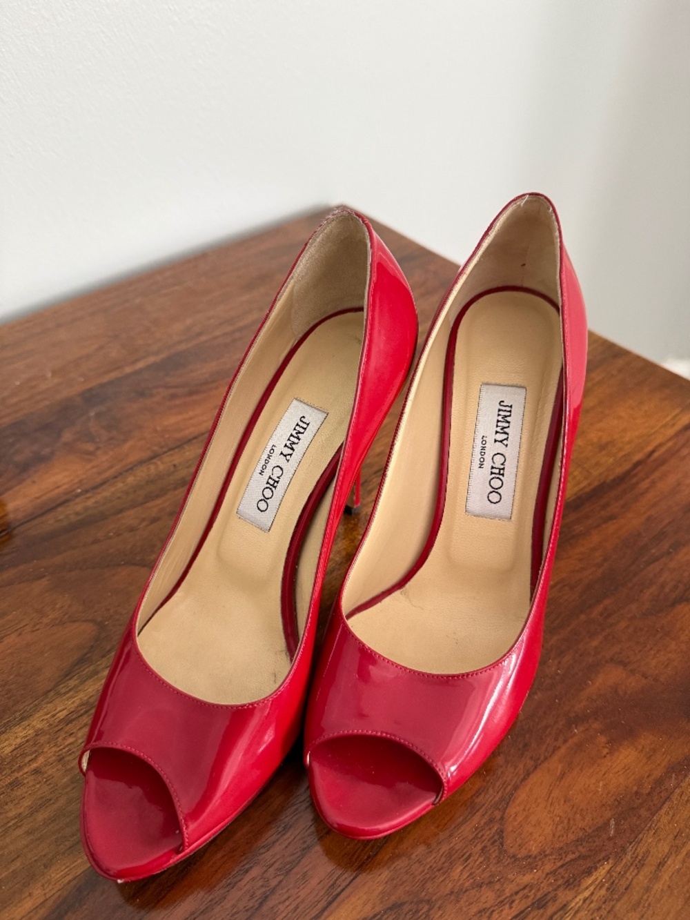 Jimmy Choo Red Patent Peep Toe Heels 38.5